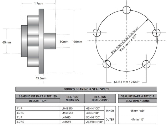Hub Kit 5x4 1/2 PCD 1/2" STUDS -BRAKE READY 2000KG