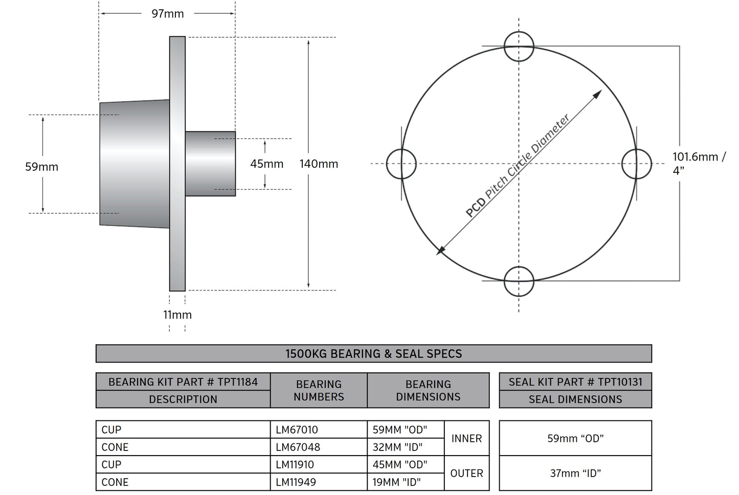 1500kg Non Braked Hub Set 4x4 PCD