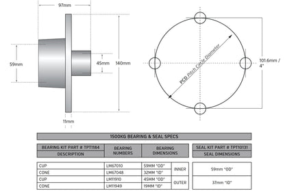1500kg Non Braked Hub Set 4x4 PCD
