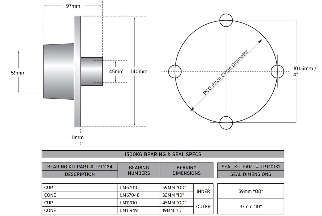 1500kg Non Braked Hub Set 4x4 1/4PCD