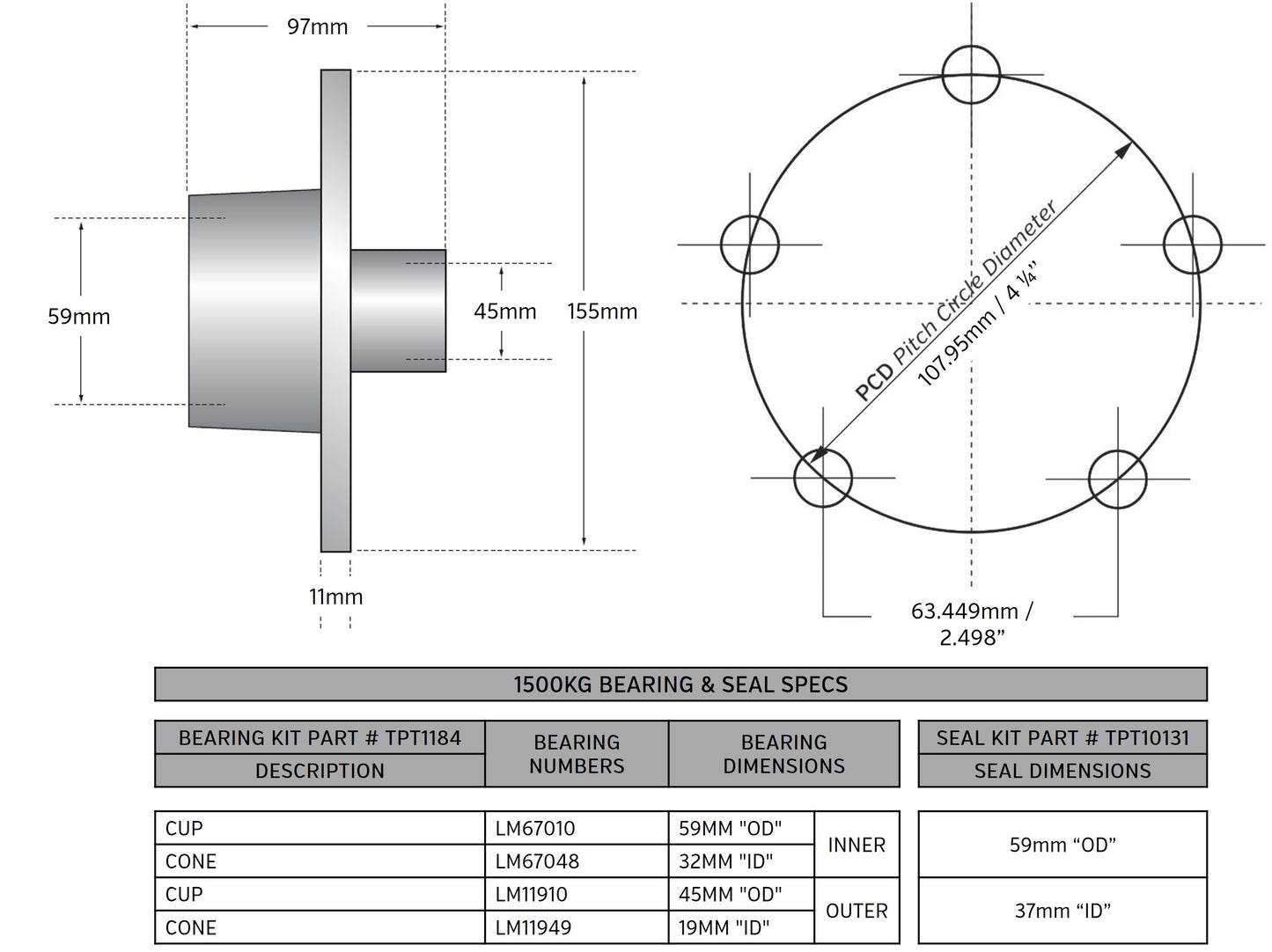 1500kg Non Braked Hub Set 5x4 1/2 PCD