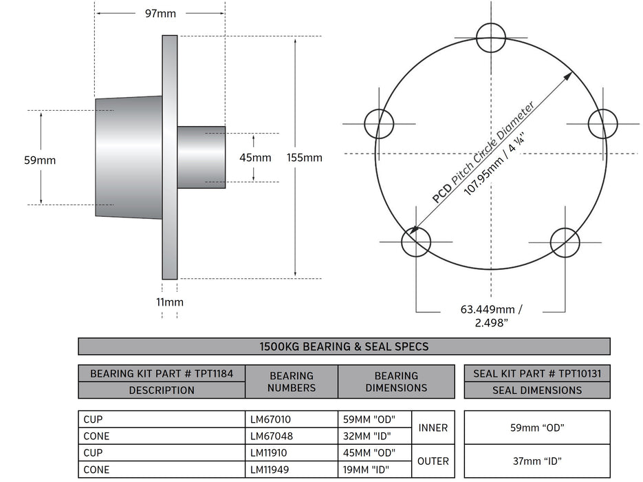 1500kg Non Braked Hub Set 5x4 1/2 PCD