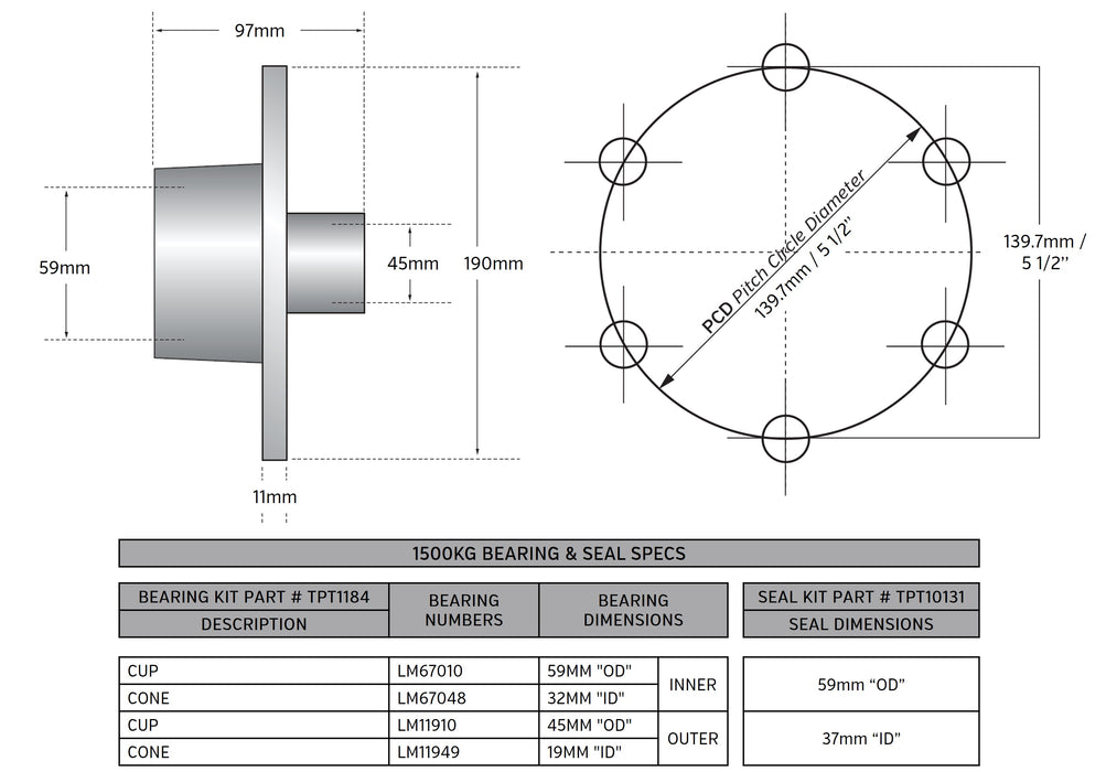 1500kg Non Braked Hub Set 6x5 1/2 PCD