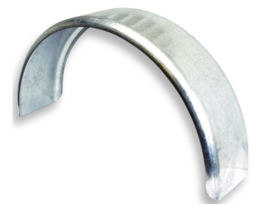 Curved with rolled edge, galvanised steel. Wheels 13-14" 230mm wide